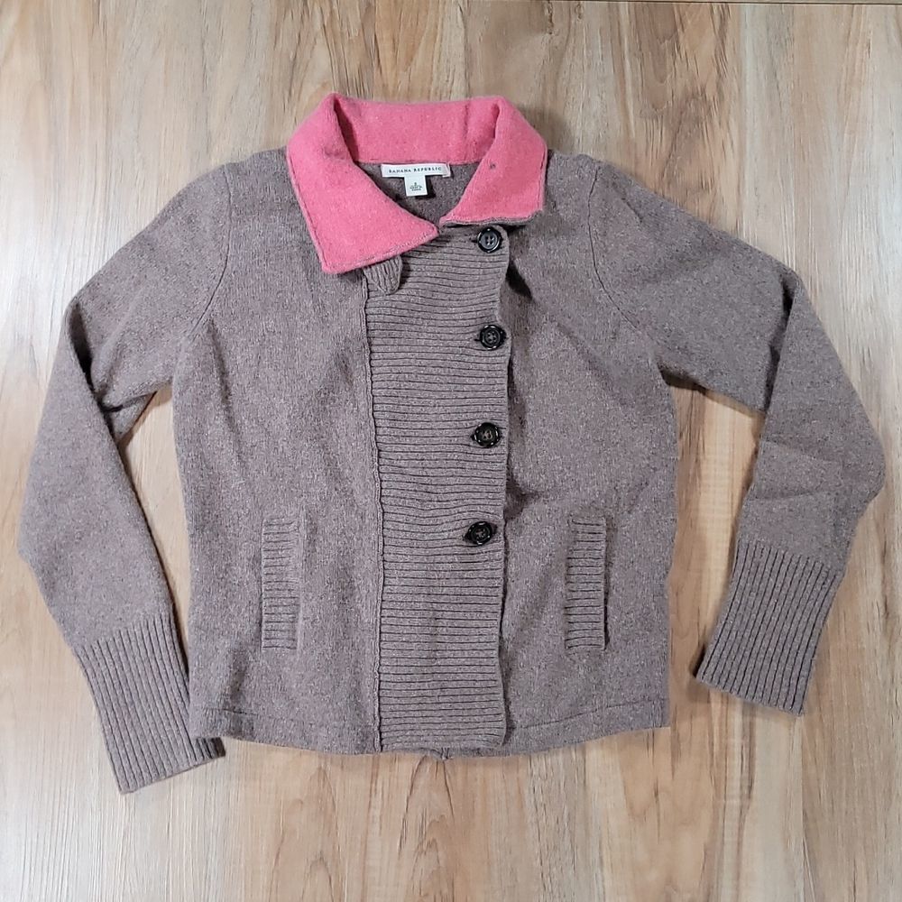 🔹️Banana Republic Brown & Coral Colorblock Lamb's Wool Cardigan Sweater Small